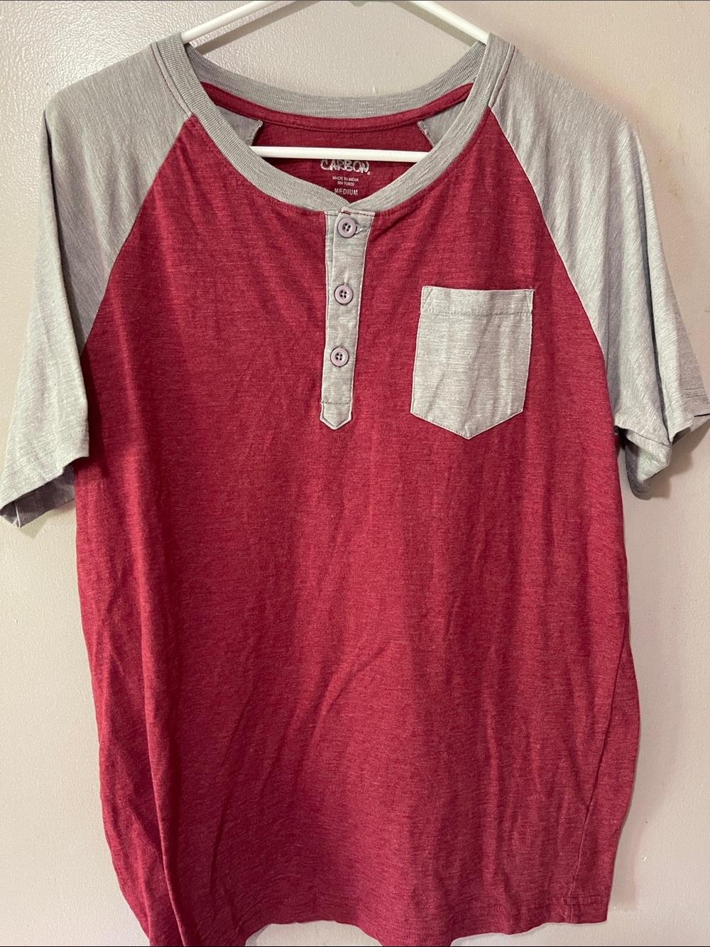 Carbon Red and Light Gray Raglan Henley Pocket Tee